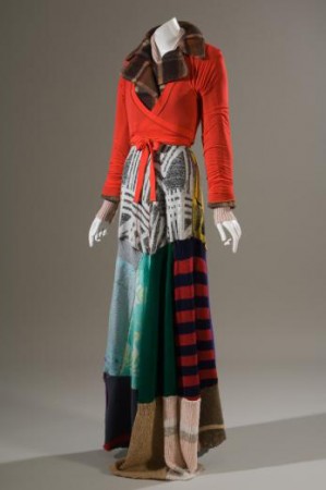 Xuly-Bët, dress and jacket ensemble, multicolor sweaters, brown wool plaid, red nylon, fall 1994