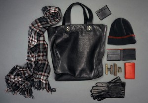 Crinkle Plaid Scarf ($58); Wythe Tote ($398); Essex Collection Name Card Case ($68); Knit Stripe Hat ($68); Essex Collection Coin Wallet ($108); Handheld Sleeve ($68); Lambskin Glove ($98)