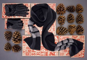 Unlined Drive Glove ($48); Fingerless Glove ($48); Rib Stripe Scarf ($98)