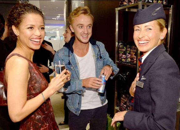 Gugu Mbatha and Tom Felton discussing traveling in style with British Airways at the Variety Studio during 2013 TIFF